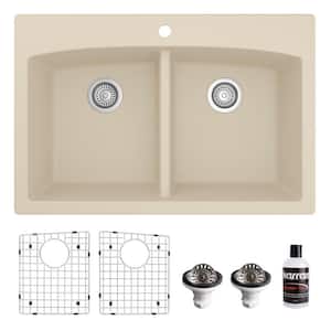QT-710 Quartz/Granite 33 in. Double Bowl 50/50 Top Mount Drop-In Kitchen Sink in Bisque with Bottom Grid and Strainer