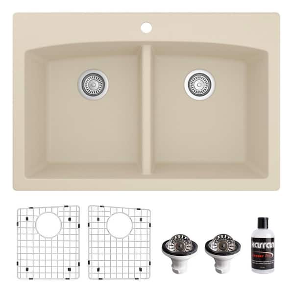 Karran QT-710 Quartz/Granite 33 in. Double Bowl 50/50 Top Mount Drop-In Kitchen Sink in Bisque with Bottom Grid and Strainer