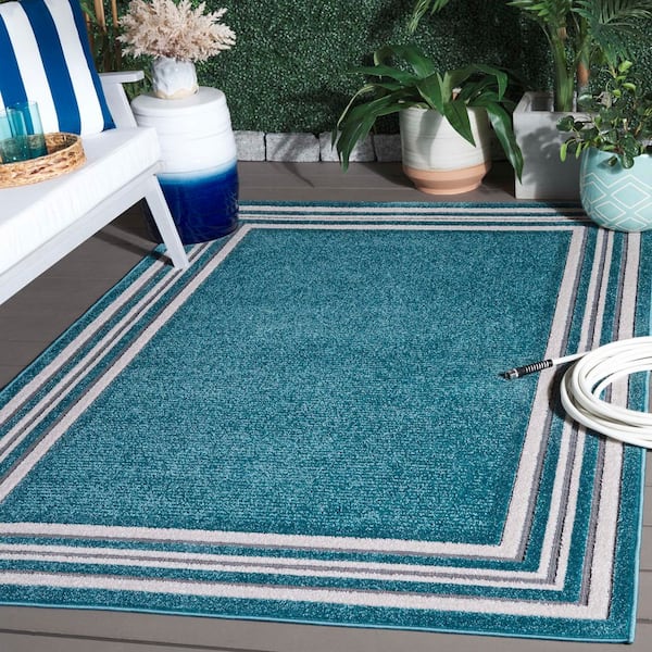 Cabana Turquoise/Ivory 7 ft. x 7 ft. High-Low Striped Border Square Indoor/Outdoor Area Rug
