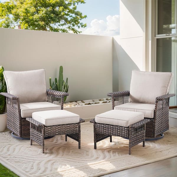 Gymojoy StLouis Brown Wicker Outdoor Rocking Chair with Beige Cushions