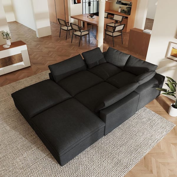 Large Storage 157 in. Square Arm Linen 8-Piece Down Filled Pinewood Cloud Modular Tuxedo Sofa in White with 2-Ottomans