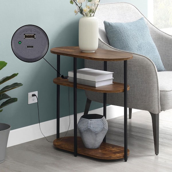 Designs2Go Simon 23.75 in. W Barnwood and Black Wood 3 Tier Oval Chairside End Table with USB Ports