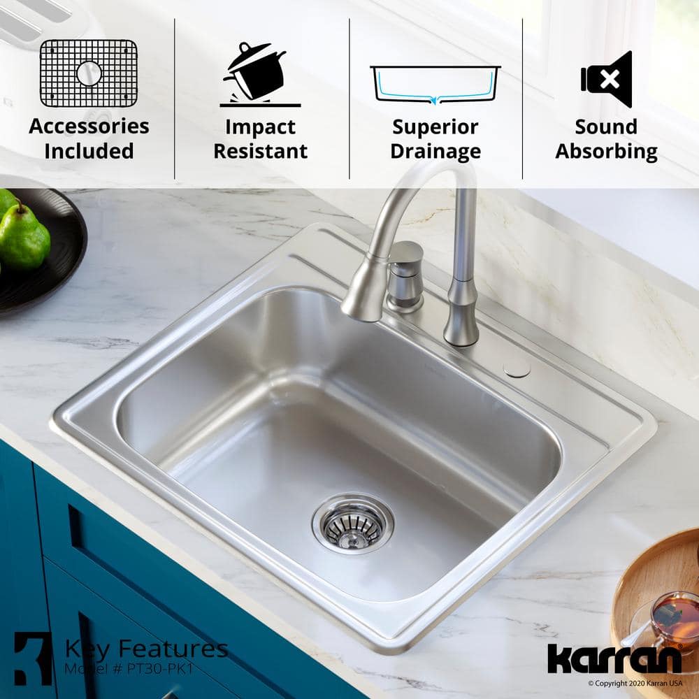 Karran 25" Satin Brushed Stainless Steel Single Bowl Kitchen Sink Kit