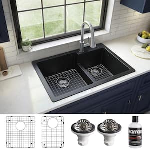 QT-811 Quartz/Granite 33 in. Double Bowl 60/40 Top Mount Drop-in Kitchen Sink in Black with Bottom Grid and Strainer