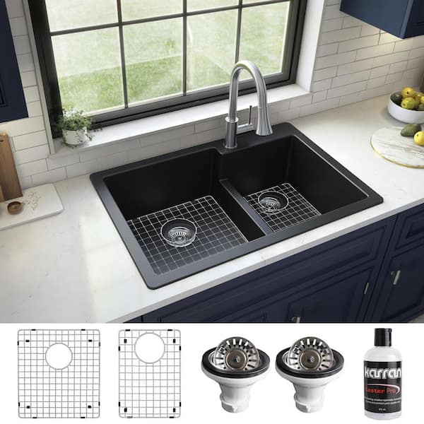 Karran QT-811 Quartz/Granite 33 in. Double Bowl 60/40 Top Mount Drop-in Kitchen Sink in Black with Bottom Grid and Strainer
