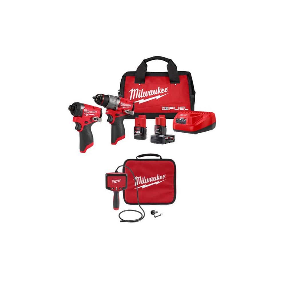 Milwaukee M12 FUEL 12V Lithium Ion Brushless Cordless Hammer Drill and Impact Driver Kit w/M-Spector 4 ft. Inspection Camera Scope -  3497-22-23