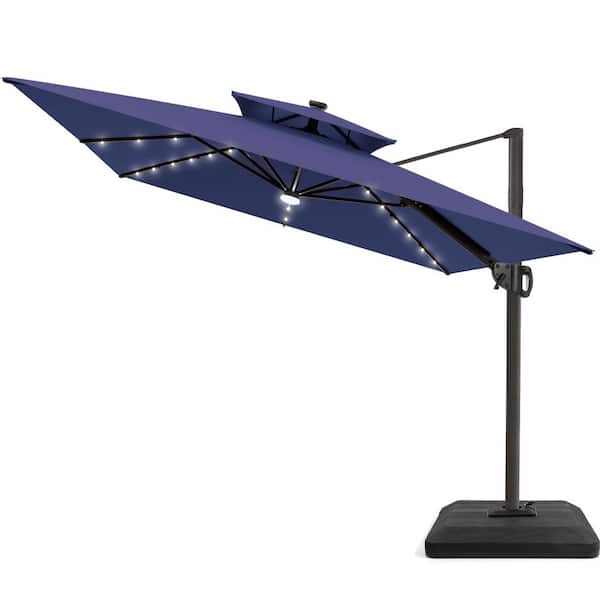 Pellebant 9 ft. x 11 ft. 2-Tier Outdoor Cantilever 360° Rotation Solar LED Lighted Tilt Patio Umbrella with Weights Base in Navy