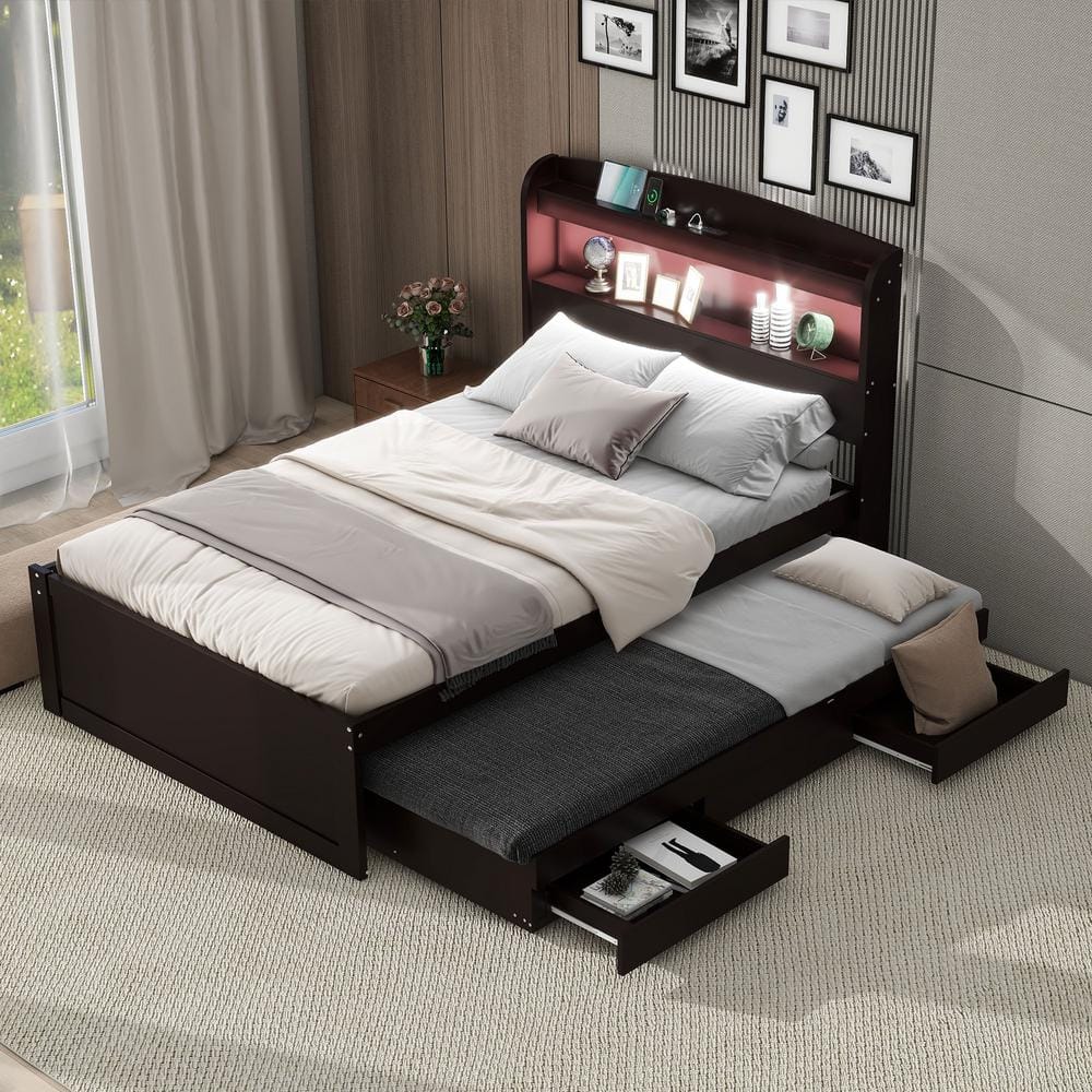Dark Brown Wood Frame Twin XL Platform Bed with Twin Size Trundle, 2 Drawers, USB Charging, LED Headboard with Shelves, image size:1000x1000