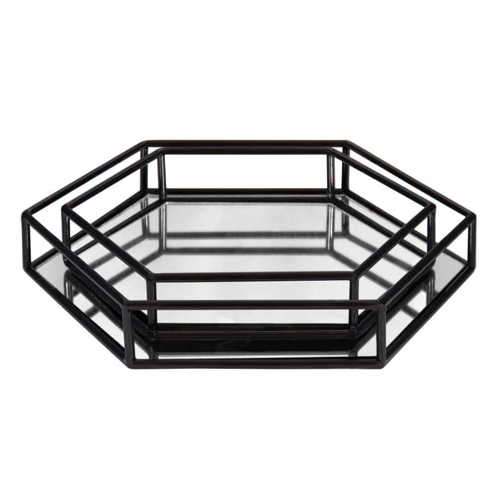 Black Hexagonal Metal and Mirrored Glass Decorative Trays, Set of 2