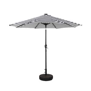 Marina 9 ft. Solar LED Market Patio Umbrella with Bronze Round Free Standing Base in Black/White Stripe