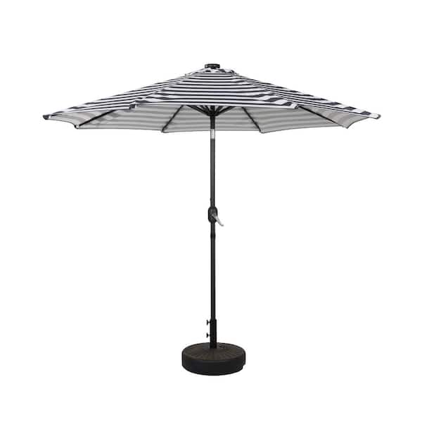 WESTIN OUTDOOR Marina Bronze/White Stripe 9 ft. Market Solar Powered LED Lighted Tilt Patio Umbrella with Bronze Round Base Included