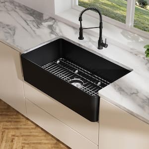 Denbigh Matte Black Fireclay 33 in. Single Bowl Farmhouse Apron Kitchen Sink with Bottom Grid and Basket Strainer