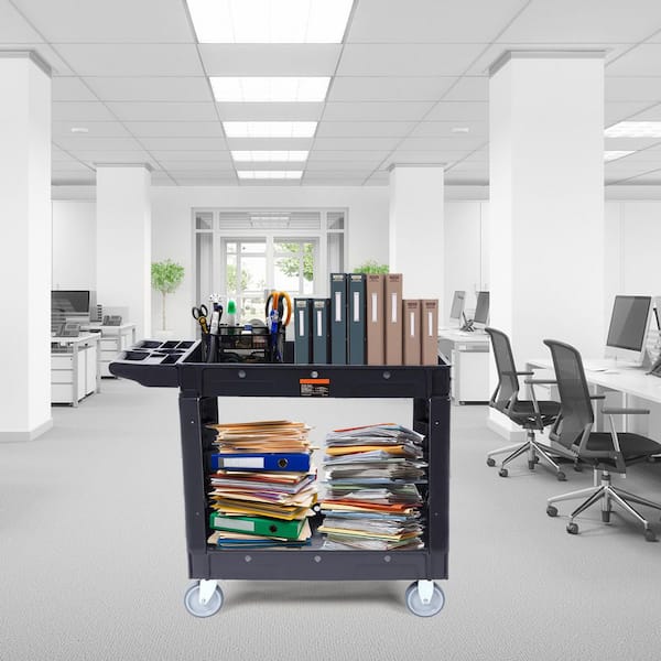 Utility Service Cart, 2 Shelf 550 LBS. Heavy Duty Plastic Rolling Utility Cart, 360° Swivel Wheels, Medium Lipped Shelf