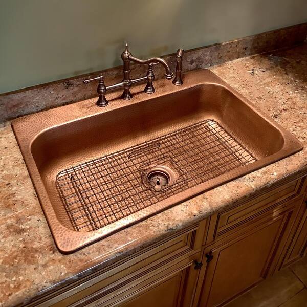 Angelico Drop-In Handmade Copper 33 in. 4-Hole Single Bowl Copper Kitchen Sink in Antique Copper