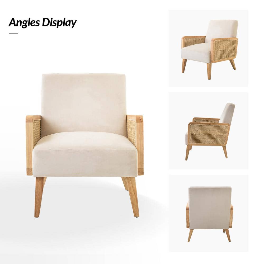 Beige Velvet and Rattan Armchair Set with Wooden Legs