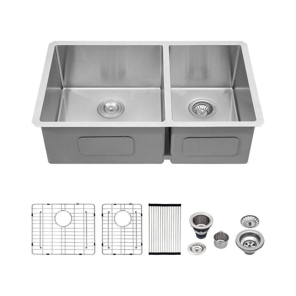 32 in. Undermount Sink Double Bowl 60/40 16-Gauge Brushed Stainless Steel Kitchen Sink with Bottom Grid price history on PriceWatchPro
