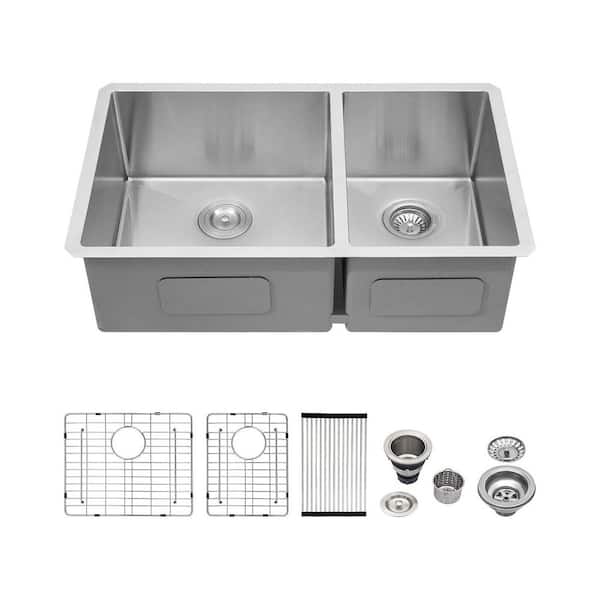 32 in. Undermount Sink Double Bowl 60/40 16-Gauge Brushed Stainless Steel Kitchen Sink with Bottom Grid