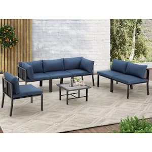 7-Piece Metal Outdoor Patio Conversation Set with Cover and Blue Cushions