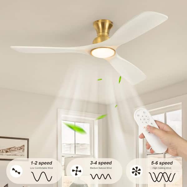 52 in. Smart Indoor White and Gold Low Profile Standard Flush Mount Ceiling Fan Light with Integrated LED with Remote