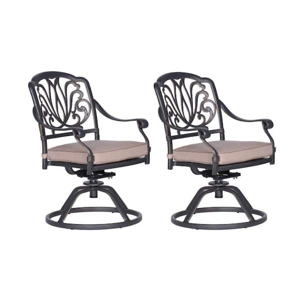 Mondawe Dark Bronze Aluminum Patio Outdoor Swivel Rocker Dining Chair with Spectrum Sand Cushions for Garden Gazebo (2-Pack)