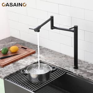 Deck Mount Pot Filler Faucet, Folding Kitchen Faucet with Stretchable Double Joint Swing Arms in Brass Matte Black