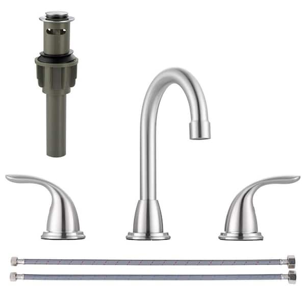 8 in. Widespread Double Handle High Arc Bathroom Faucet with Drain Kit included in Brushed Nickel