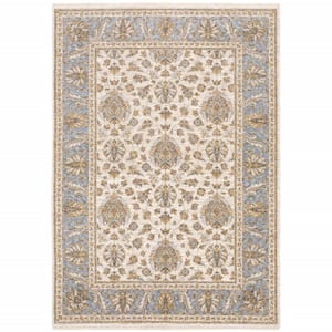 Ivory and Blue 3 ft. x 5 ft. Oriental Power Loom Stain Resistant Fringe with Area Rug