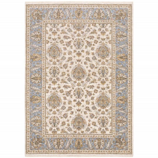 HomeRoots Ivory and Blue 3 ft. x 5 ft. Oriental Power Loom Stain Resistant Fringe with Area Rug