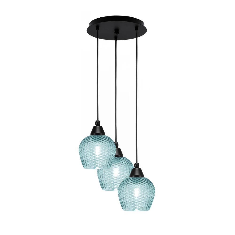 Savannah 9 in. 3-Light Matte Black Cord Pendant Light Turquoise Textured Gl