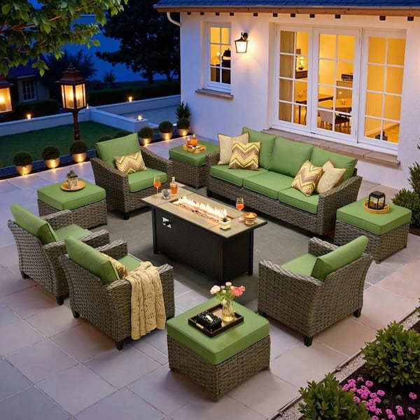 Naturno Gray 10-Piece Wicker Patio Rectangle Fire Pit Conversation Set with Green Cushions