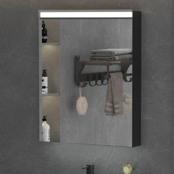 Lonni 24 in. W x 30 in. H Rectangular Aluminum Matte Black Surface Mount Led Medicine Cabinet with Mirror Left Side Opening