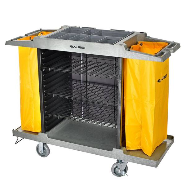 Alpine Industries 4-Shelf PVC Janitorial Platform Cleaning Cart with 2 Yellow Vinyl Bags
