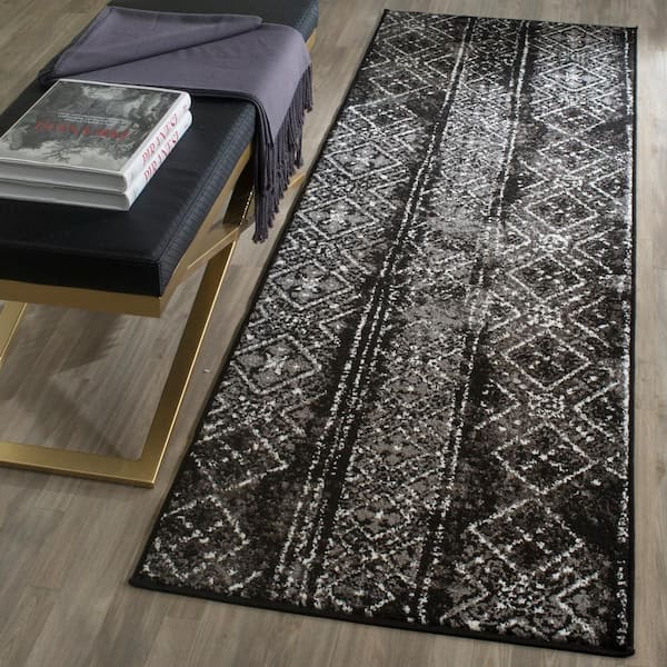 Adirondack 3 ft. x 18 ft. Black/Silver Border Striped Runner Rug