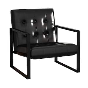 Grondin Mid-Century Modern Black Faux Leather Accent Armchair with Padded Armrests for Home Office