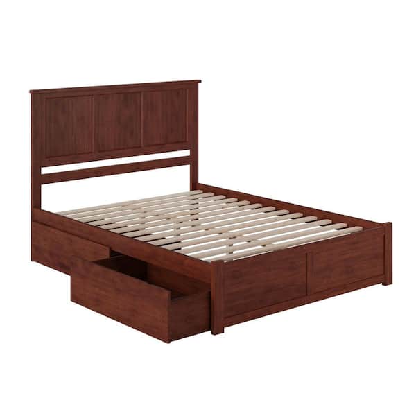 Madison Walnut Brown Solid Wood Frame Queen Platform Bed with Footboard and Storage Drawers