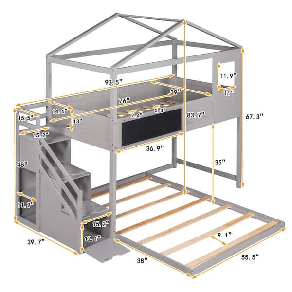 URTR Twin Over Full House Bunk Bed with Storage Staircases and