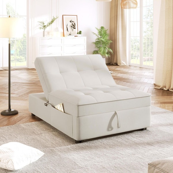 26.75 in. W Beige Linen Small Twin Size Sofa Bed, Convertible Sleeper Chair Bed, White