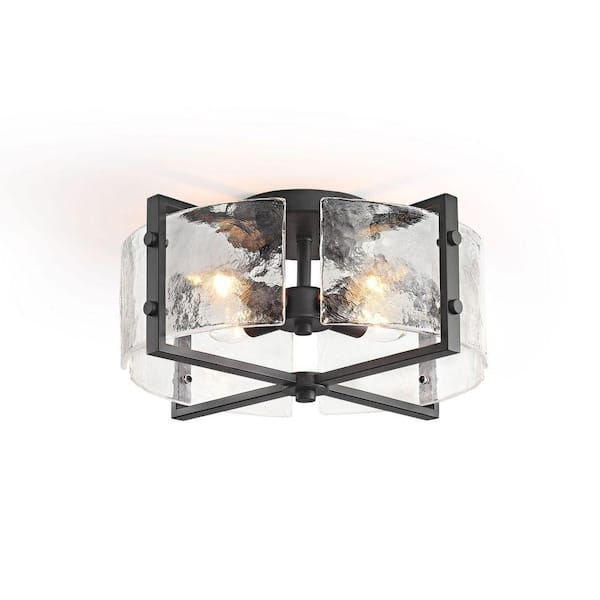 Iris 16.5 in. 4-Light Black Flush Mount with Textured Glass Panels Shade