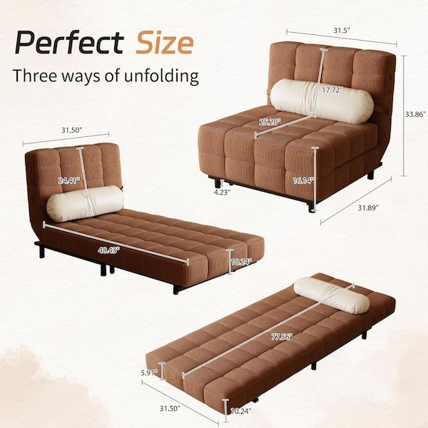 JASIWAY 31.39 in. W Caramel Folding Corduroy Fabric Twin Sleeper
