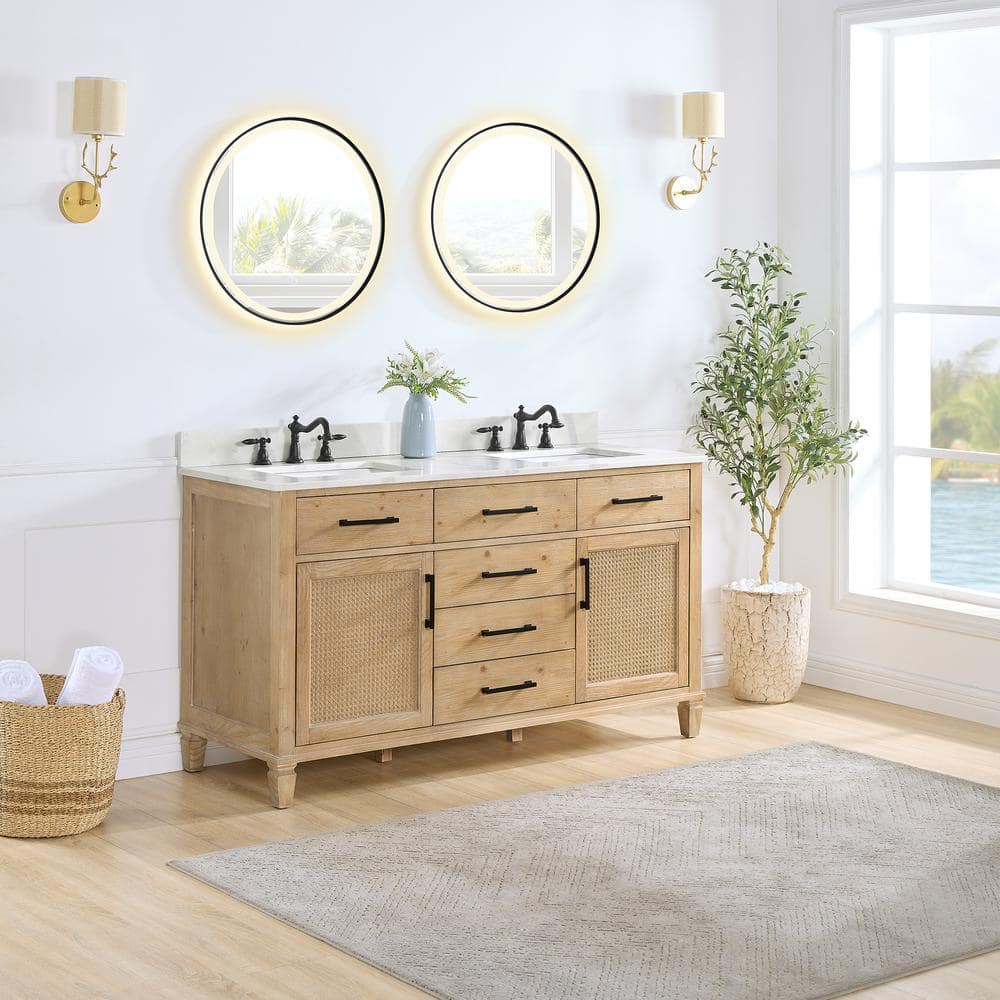 Solana 60" Weathered Fir Double Sink Vanity with White Quartz Top and Mirrors