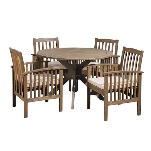 Casa Acacia Grey 5-Piece Acacia Wood Round Table with X-Legs Outdoor Patio Dining Set with Cream Cushions