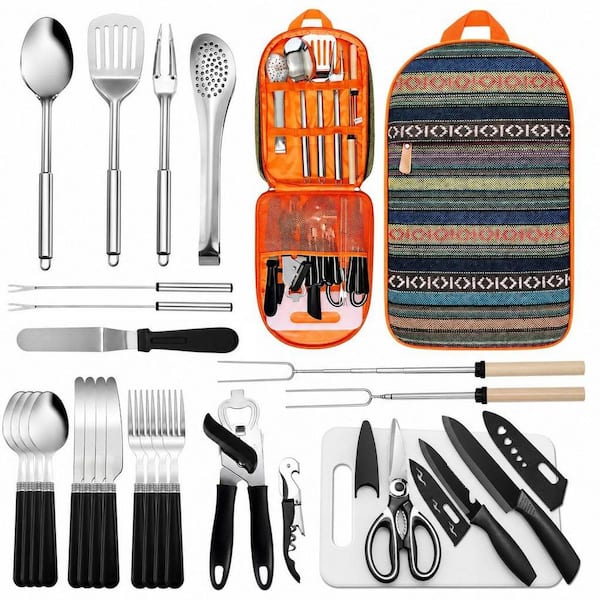 27-Piece Stainless Steel Outdoor Cookware Set in Orange, Portable Camping Kitchen Utensil Set, Grilling Utensil Set