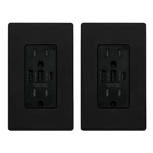 30-Watt 15 Amp 3-Port Type C and Dual Type A USB Duplex USB Wall Outlet, Wall Plate Included, Black (2-Pack)