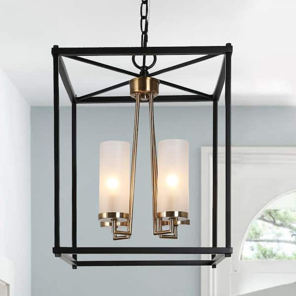 Modern Lantern Chandelier Light 4-Light Electroplate Brass & Matte Black Cage Chandelier Light with Frosted Glass Shade