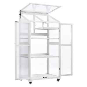 31.5 in. W x 62 in. H Outdoor Indoor White Wood Plant Stand Greenhouse Portable Cold Frame with Wheels