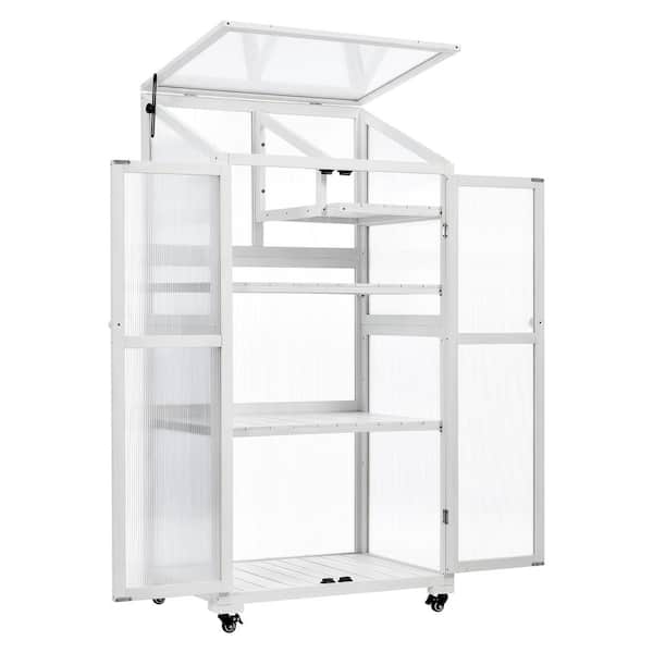 Sudzendf 31.5 in. W x 62 in. H Outdoor Indoor White Wood Plant Stand Greenhouse Portable Cold Frame with Wheels