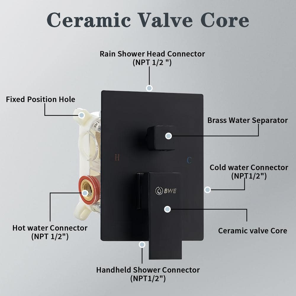 Matte Black Stainless Steel Square Rain Shower Faucet Set