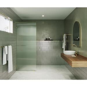 32 in. W x 78 in. H Fixed Single Panel Frameless Shower Door in Polished Brass with Fluted Frosted Glass