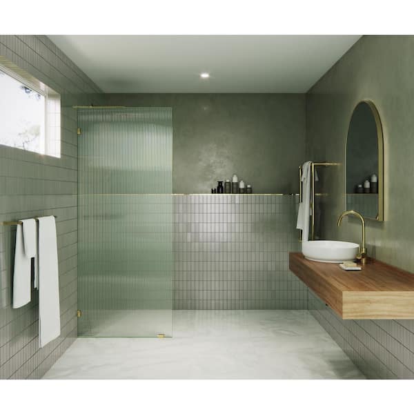 Glass Warehouse 32 in. W x 78 in. H Fixed Single Panel Frameless Shower Door in Polished Brass with Fluted Frosted Glass