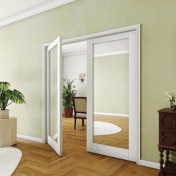 64 in. x 80 in. (Double 32) 1-Lite Mirrored Glass White Solid Hybird Core MDF Door Panels Interior Door Slab Prefinished